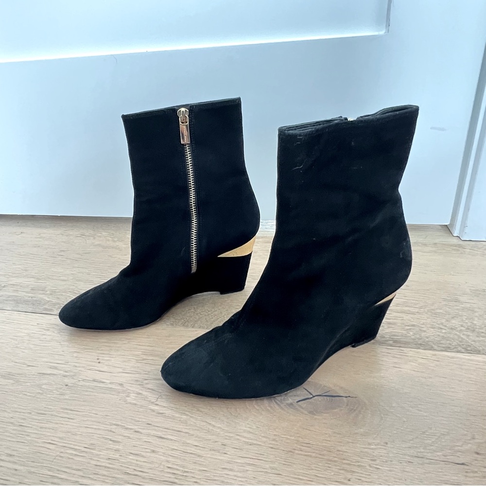 Michael Kors Black Suede and Gold Wedge Heel Ankle Boots